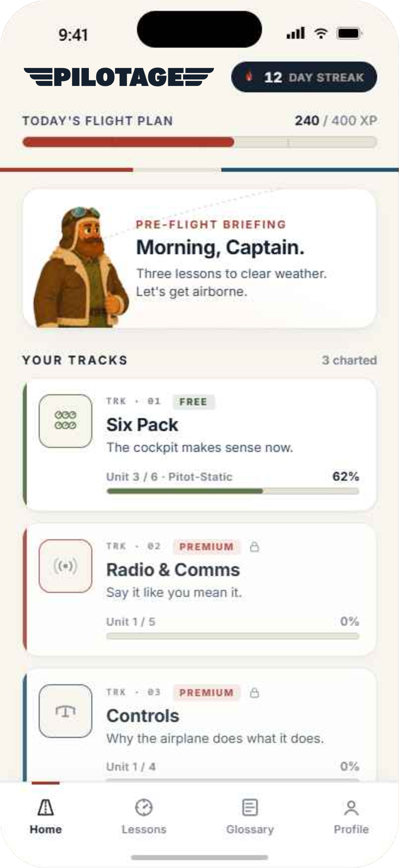 Pilotage home screen: streak, daily flight plan, and tracks