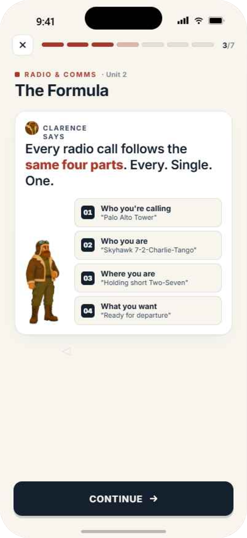 Pilotage lesson screen: Clarence explains the four parts of every radio call
