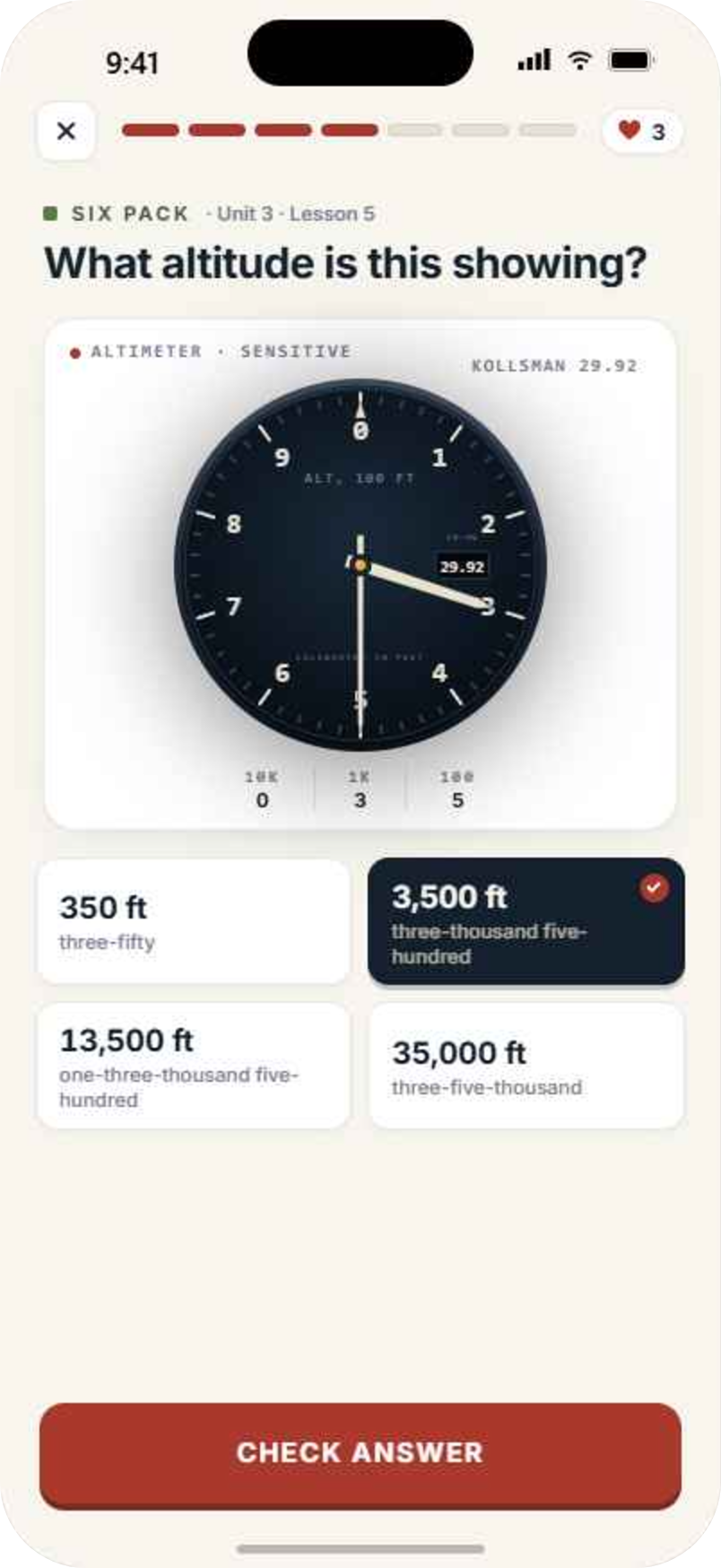 Pilotage drill screen: reading 3,500 feet off a working altimeter
