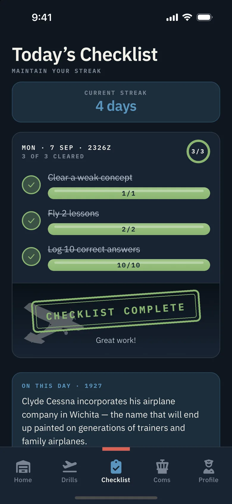 Today’s Checklist: a four-day streak, three items cleared, and the Checklist Complete stamp
