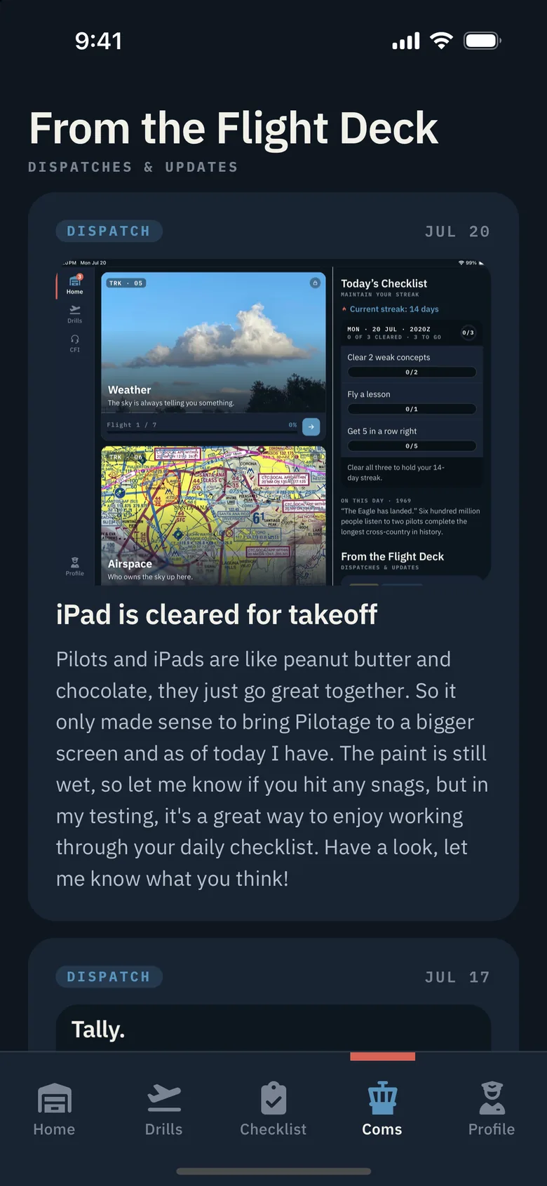The Coms tab, From the Flight Deck: patch notes and dispatches from the founder