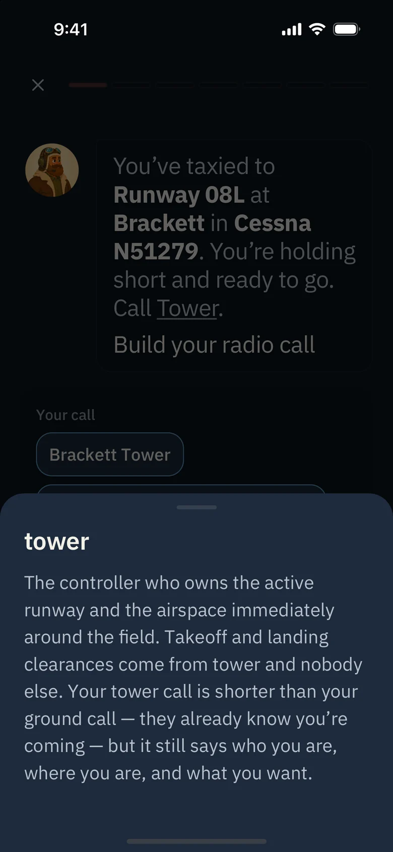 A radio lesson with the word Tower underlined, and the definition sheet open beneath it: the controller who owns the active runway