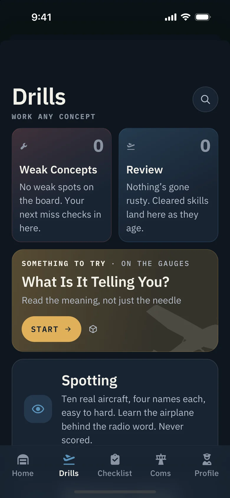 The Drills tab: weak concepts and review counts, and a drill to try on the gauges
